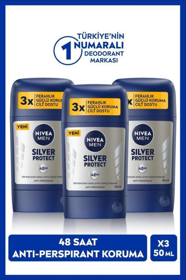 Nivea Men Erkek Stick Deodorant Silver Protect 50Ml, 48 Saat Koruma, X3 Adet - Image 1