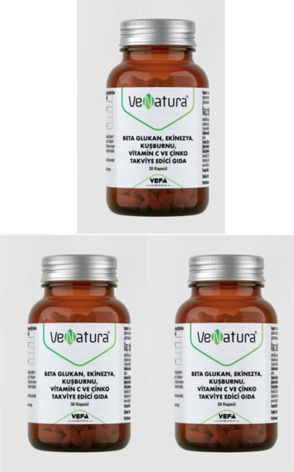 Venatura Beta Glukan, Ekinezya, Kuşburnu, Vitamin C Ve Çinko Takviye Edici Gıda 30 Kapsül X3 Adet - Image 1
