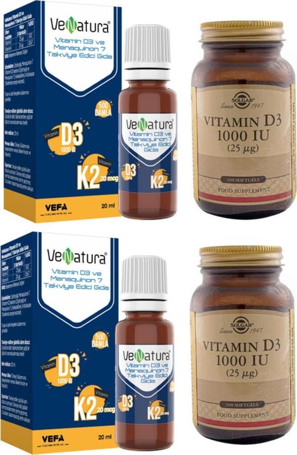 Venatura D3K2 20 Ml Damla(Vitamin D 25 Mg-Vitamin K 20 Mg)*2 Adet+Solgar D3 1000 Iu 100 Softgel Kapsül*2 Adet - Image 1