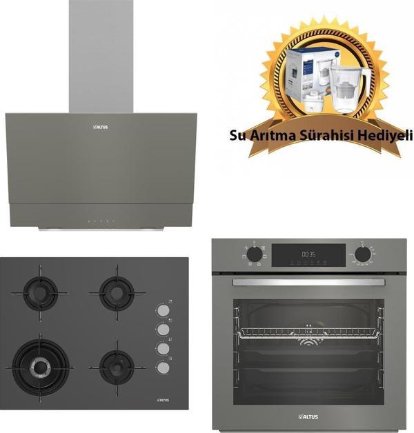 Altus Gri Cam Ankastre Set 322 G Turbo - 189 Dg Woklu - 510 G Davlumbaz - SürahiHediyeli - Image 1