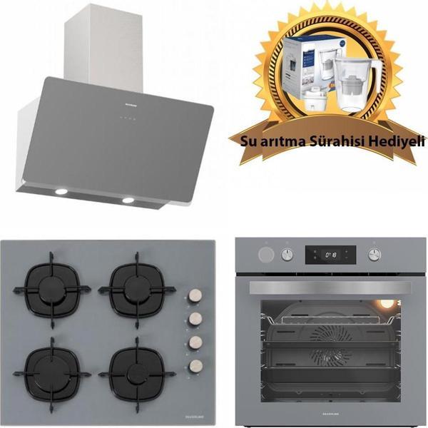 Silverline Buhar Destekli AirFrayer Gri Cam Ankastre Set 3457 - CS5335S01- BO65P4S01  - Image 1
