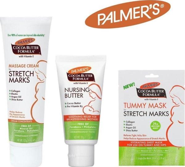 Palmer's Cocoa Butter Formula Nursing Butter+Massage Cream For Strech Marks+Tummy Mask for Stretch Marks Hamile Bakım Seti - Image 1