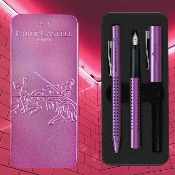 Faber Castell Grip Edition Dolma Kalem-Tükenmez Kalem Matal Kutu Hediye Seti Violet Glam - Image 1