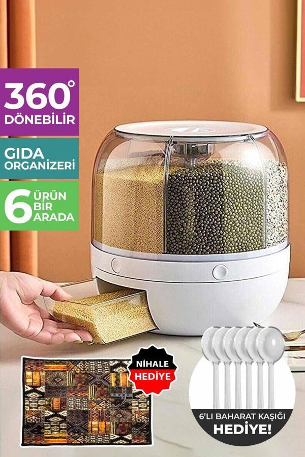 6 Kg Kapasiteli Gıda Ve Bakliyat, 6 Gözlü, 360 Derece Dönebilen, Baharat Kaşığı Ve Nihale Hediye - Image 1