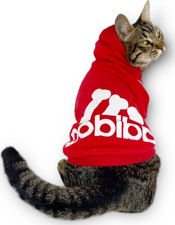 Kırmızı Adidog Kapşonlu Kedi Sweatshirt Kedi Kazağı Duo  - Image 1
