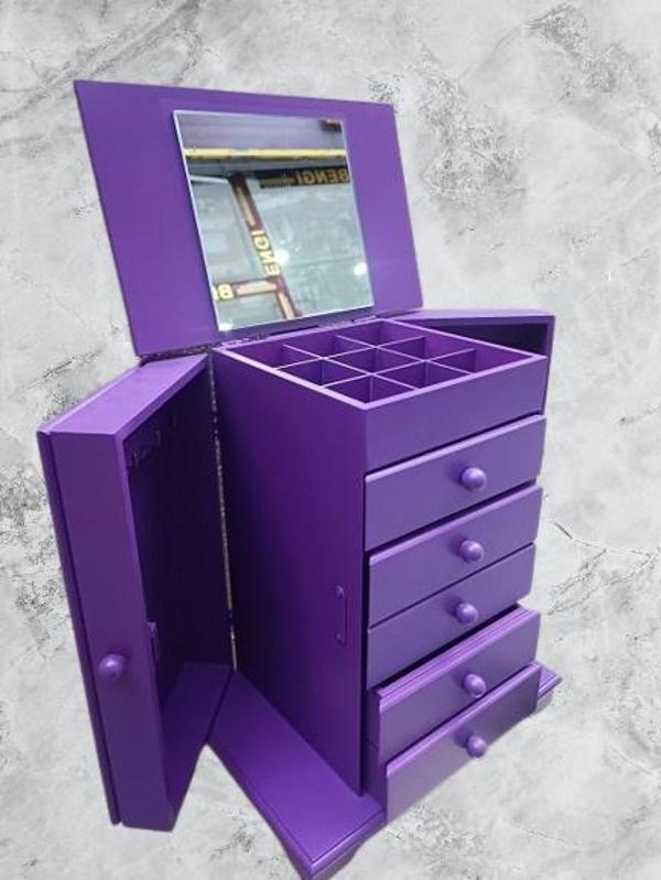 Hobi ERDL MODEL90524 7Çekmece Aynalı Makyaj Şifonyer Kutu MOR Renk El Yapımı - Image 1