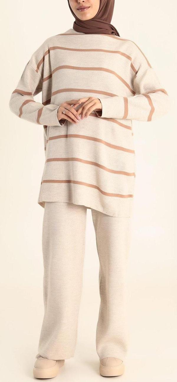 De Pose Çizgili Kalın Örgü Triko Takım - Image 1