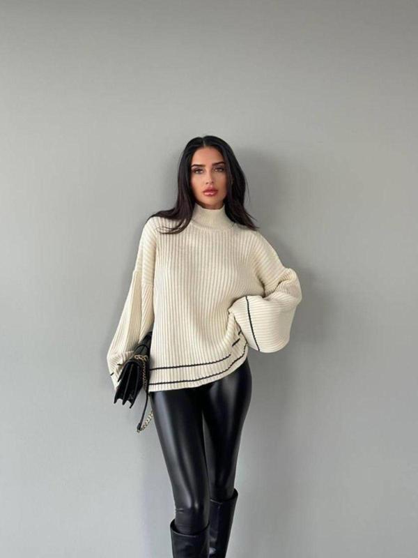 De Pose Geniş Kol Oversize Çizgili Triko Kazak - Image 1