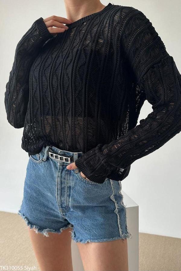 De Pose Kadın Baharlık Zigzag Ajurlu Siyah Kadın Kazak Bluz - Image 1