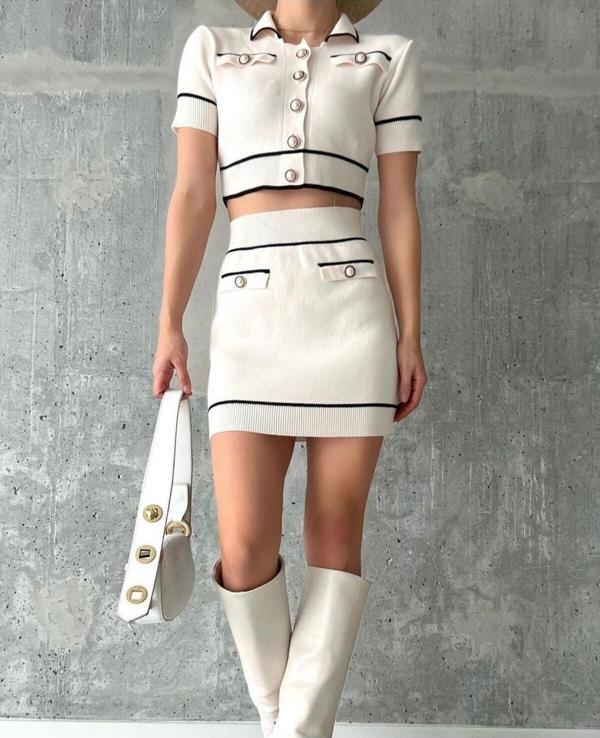 De Pose Kadın Krem Polo Yaka Inci Düğmeli Mini Etek Crop Ikili Takım - Image 1