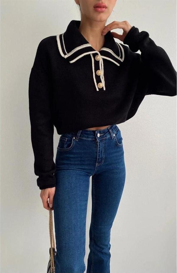 De Pose Patlı Gömlek Yaka Kadın Triko Kazak - Image 1