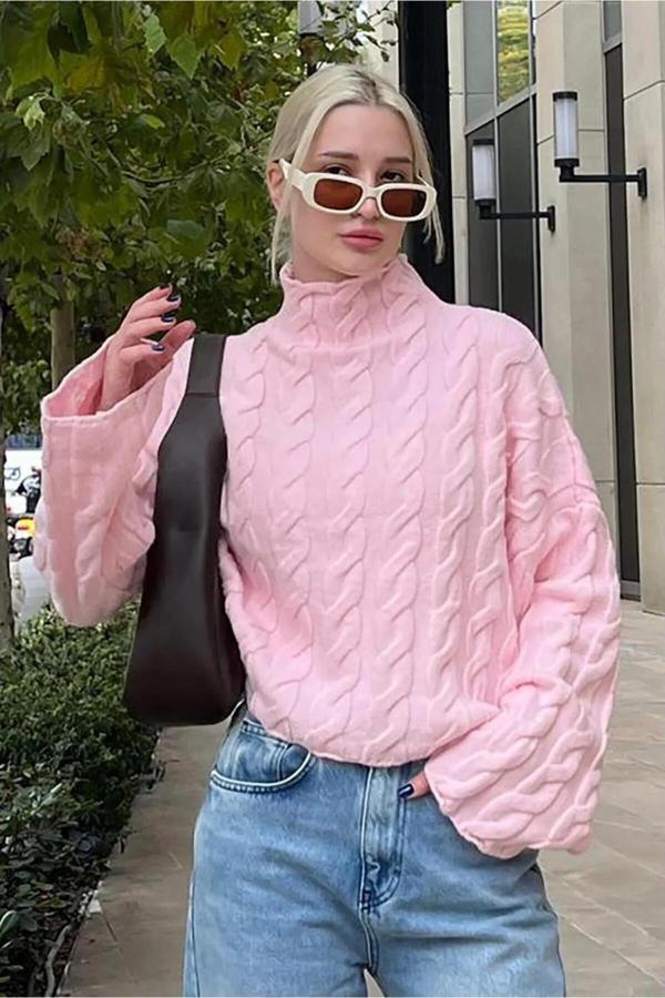 De Pose Pembe Balıkçı Yaka Örme Triko Kazak - Image 1