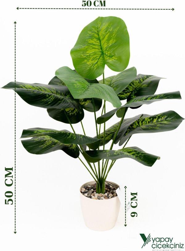 Yapay Çiçekçiniz Taş Detaylı Beyaz Saksıda 12 Yapraklı 50 Cm Yapay Salon Çiçeği - Image 1