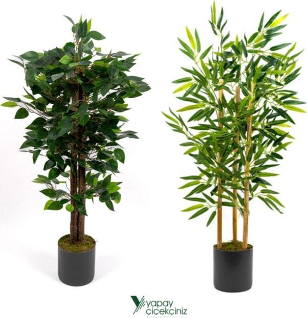 Yapay Çiçekçiniz 2 Adet Gri Saksıda Çim Detaylı 100 Cm Yapay Benjamin Ve Yapay Bambu Ağacı - Image 1