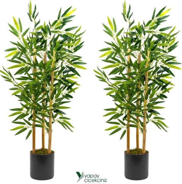 Yapay Çiçekçiniz 2 Adet Çim Detaylı Gri Saksıda 100 Cm Yapay Bambu Ağacı - Image 1