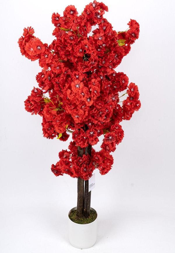 Yapay Çiçekçiniz Çim Detaylı Beyaz Saksıda Kırmızı Renkli 100 Cm Yapay Salon Bitkisi - Image 1