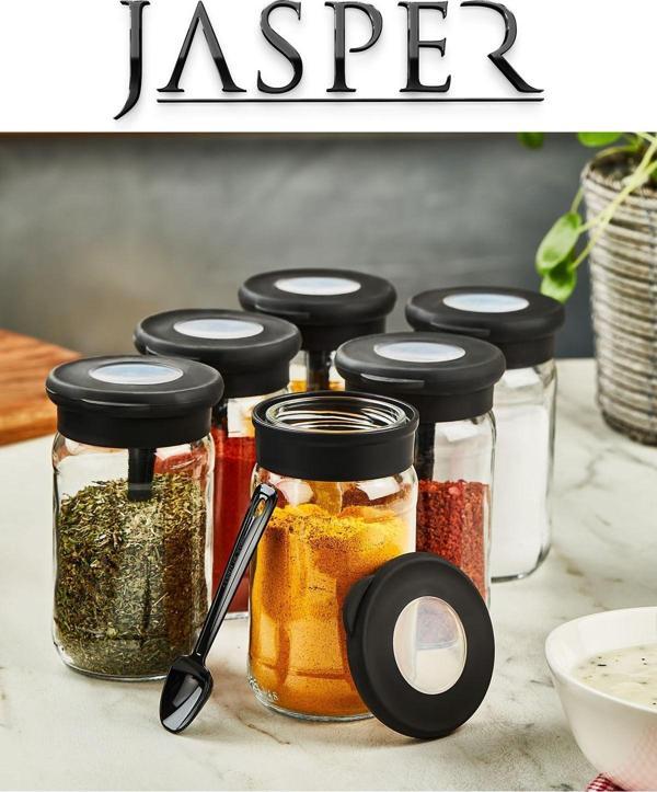  Jasper JPR-0106 6 Adet Stantlı 380ml Kaşıklı Cam Tuzluk Biberlik Baharatlık Seti - Image 1