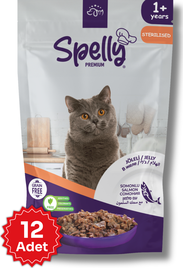 12 Adet x Spelly Premium Kısırlaştırılmış Kedi Yaş Mama - Somon (85gr) - Image 1