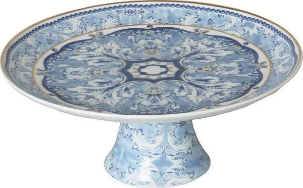 Lucky Art Florance Bone China Porselen Mavi Beyaz Naturel Barok Desenli Ayaklı Kek Standı 27 cm LYHD 607 - Image 1