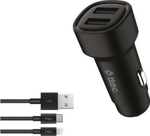 Ttec SmartCharger Duo 3.1A Araç Şarj Aleti Çift USB + USB-C ve Lightning Kablo - Image 1