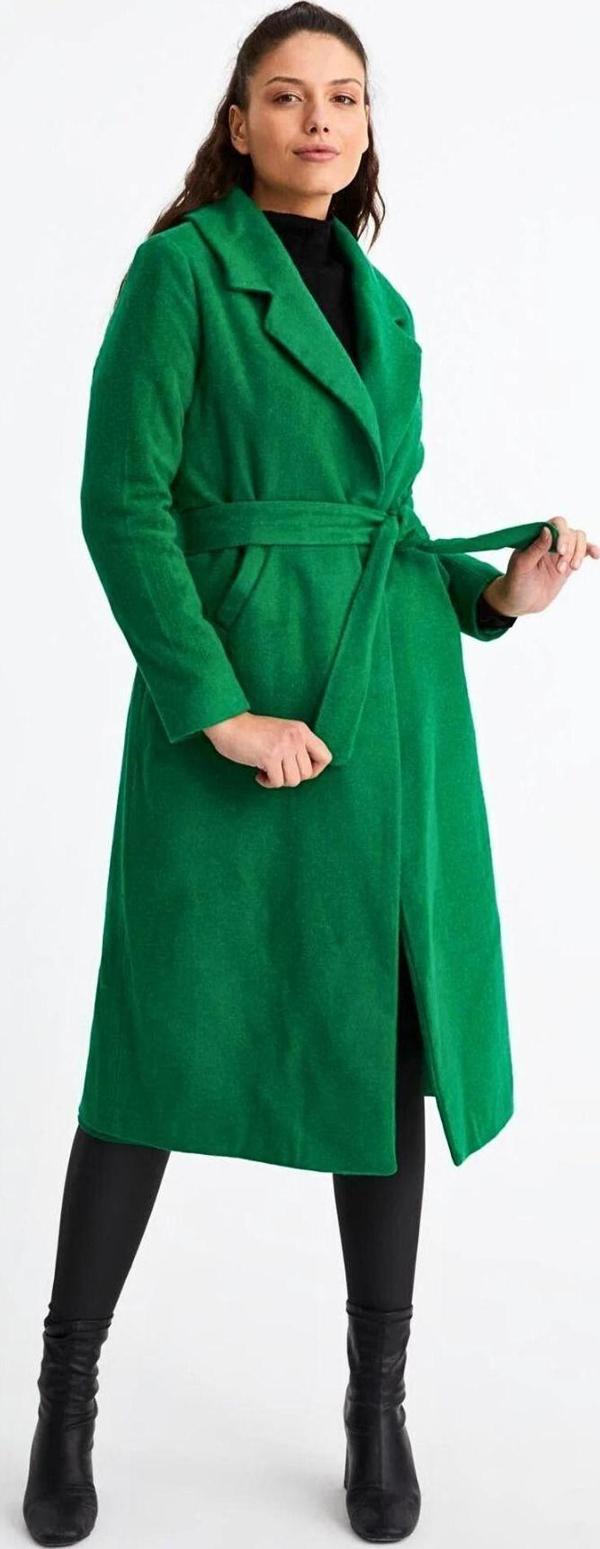 Kadın Yeşil Kuşaklı içi astarlı Uzun Kaşe Kaban - Image 1