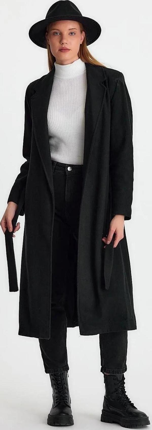 Kadın Siyah Kuşaklı içi astarlı Uzun Kaşe Kaban - Image 1