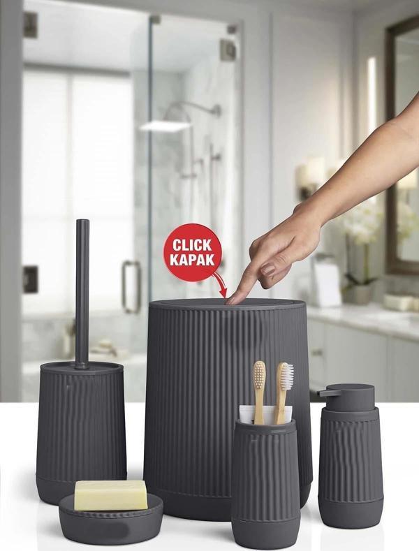 Banyo Seti Plastik Antrasit Renk 5 Parça Akıllı Çöp Kovası - Image 1