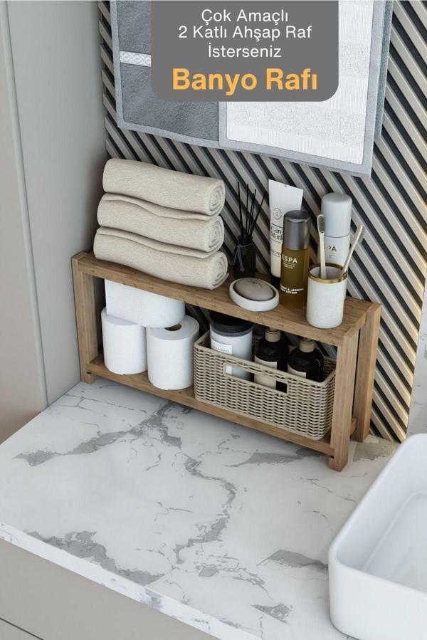 Jest Dekor Konsept Beril Atlantik Çam Çok Amaçlı 2 Katlı Ahşap Banyo Rafı - Mutfak Rafı - Organizer - Dekoratif Raf 45X24X10 Cm Raf Araları 14 - 5 Cm - Image 1
