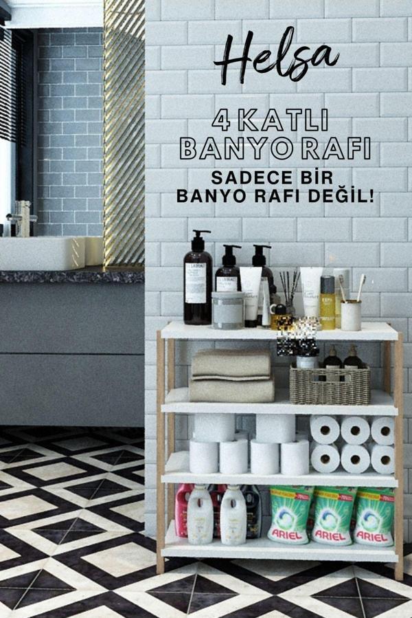 Jest Dekor Konsept Helsa Beyaz 4 Raflı Ahşap Banyo Rafı - Mutfak Rafı - Baharatlık - Çok Amaçlı Dekoratif Raf - Organizer - Image 1