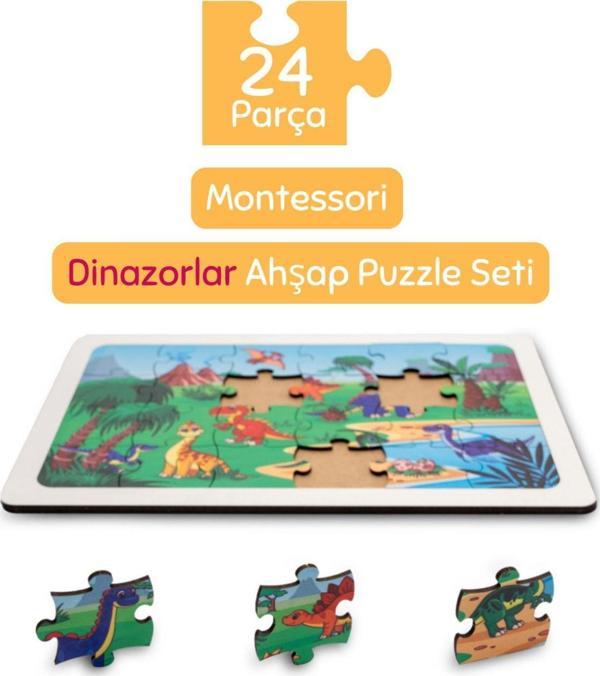 Hopiers Montessori Dinazorlar 24 Parça Ahşap Puzzle Seti - Eğitici - Öğretici Ve Güvenli Çocuk Oyuncağı - Image 1