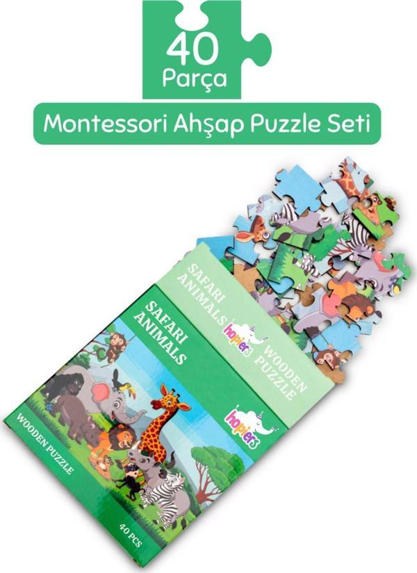 Hopiers Montessori Safari Animals Ahşap 40 Parça Puzzle - 1+ Yaş - Eğitici - Öğretici Ve Güvenli Çocuk Oyuncağı - Image 1