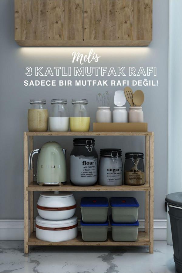 Jest Dekor Konsept Melis Atlantik Çam Çok Amaçlı 3 Katlı Ahşap Mutfak Rafı - Baharatlık - Organizer - Dekoratif Raf - Image 1