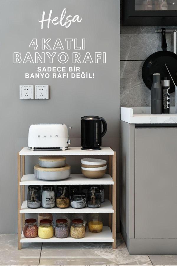 Jest Dekor Konsept Helsa Beyaz 4 Katlı Ahşap Mutfak Rafı - Baharatlık - Banyo Rafı - Çok Amaçlı Dekoratif Raf - Organizer - Image 1