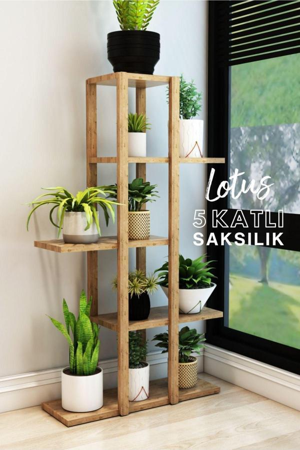 Jest Dekor Konsept Lotus Atlantik Çam Ahşap 5 Katlı Çiçeklik - Saksılık - Çiçek Standı - Dekoratif Raf - Çok Amaçlı Kullanım - Image 1