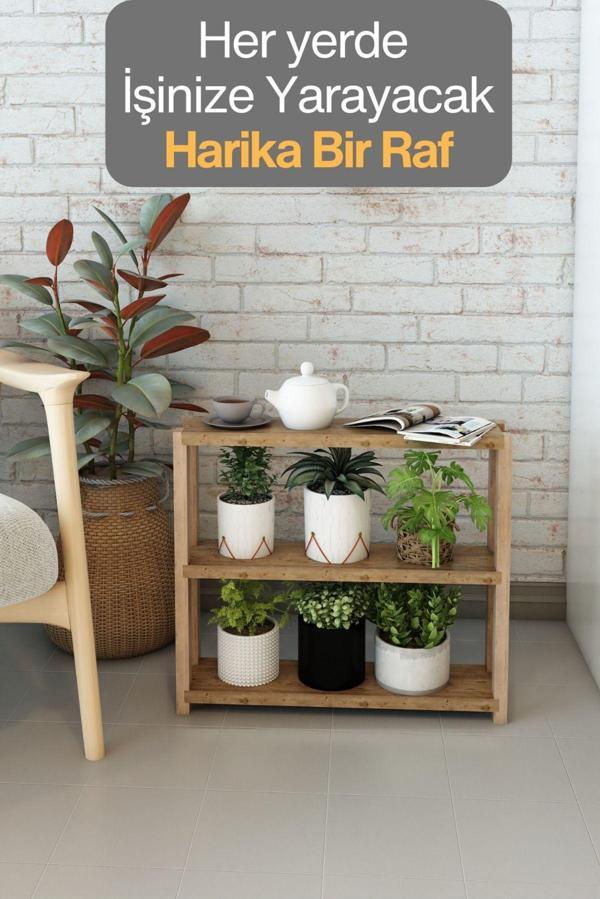 Jest Dekor Konsept Simge Atlantik Çam Ahşap 3 Katlı Çiçeklik - Saksılık - Çiçek Standı - Dekoratif Raf - Çok Amaçlı Kullanım 45X24X10 Cm Raf Araları 14 - 5 Cm - Image 1