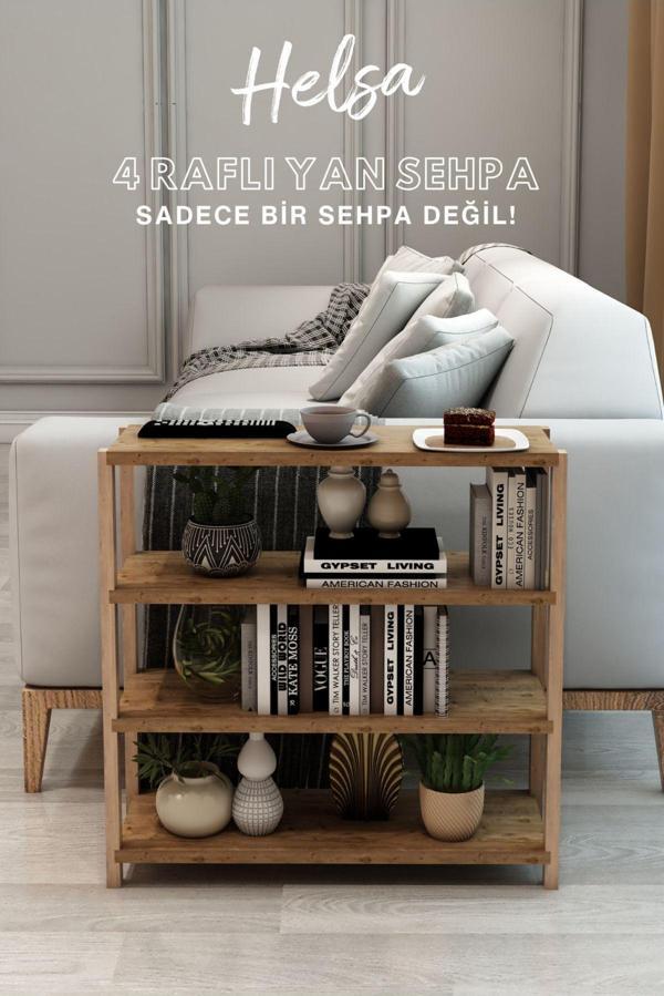 Jest Dekor Konsept Helsa Atlantik Çam 4 Raflı Ahşap Yan Sehpa - Çok Amaçlı Dekoratif Raf - Organizer - Image 1
