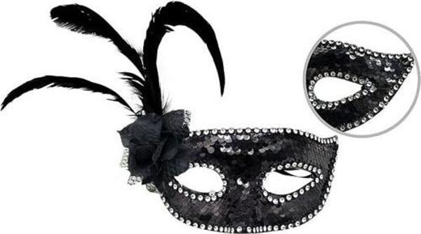 Siyah Yandan Tüylü Güllü Taşlı Pullu Maske - Image 1