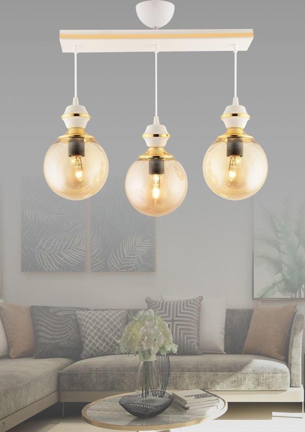 Kuzey Berru 3 Lü Caka Beyaza Gold Glop Camlı Lüks Salon Avizesi - Image 1