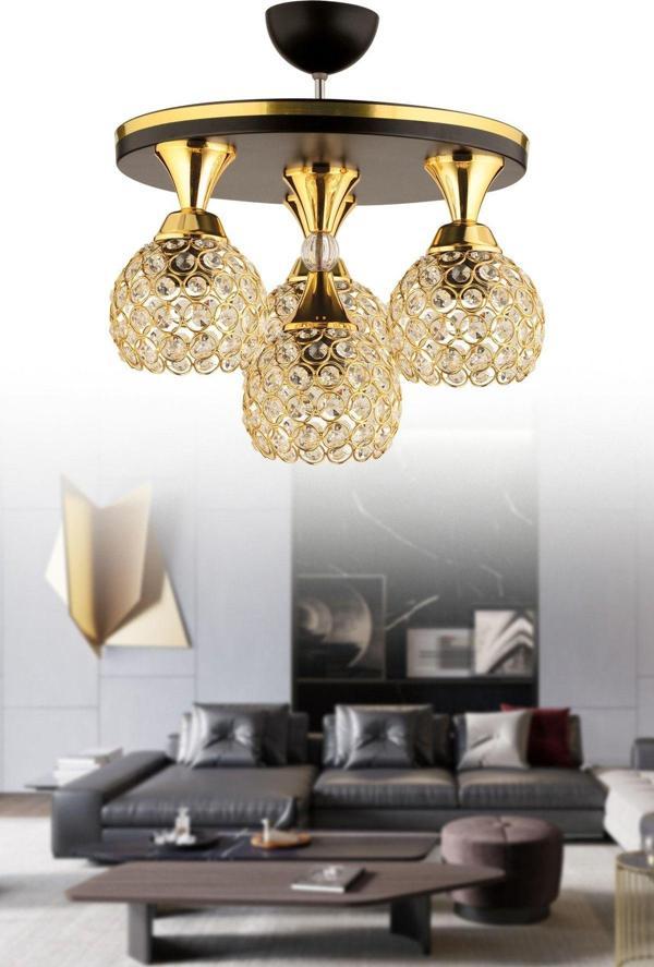 Kuzey Defne 4 Lü Kristal Top Tepsi Avize Siyah Sarı Yaldızlı Modern Lüks Avize - Image 1