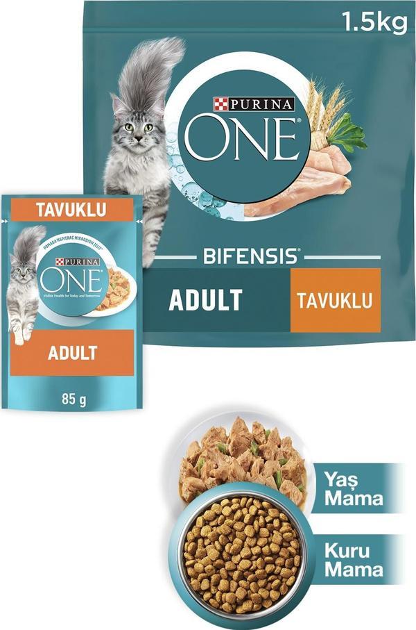 PURINA ONE Adult Tavuklu Tam Tahıllı Yetişkin Kedi Maması 1.5kg + Tavuklu Yaş Kedi Maması 85g - Image 1
