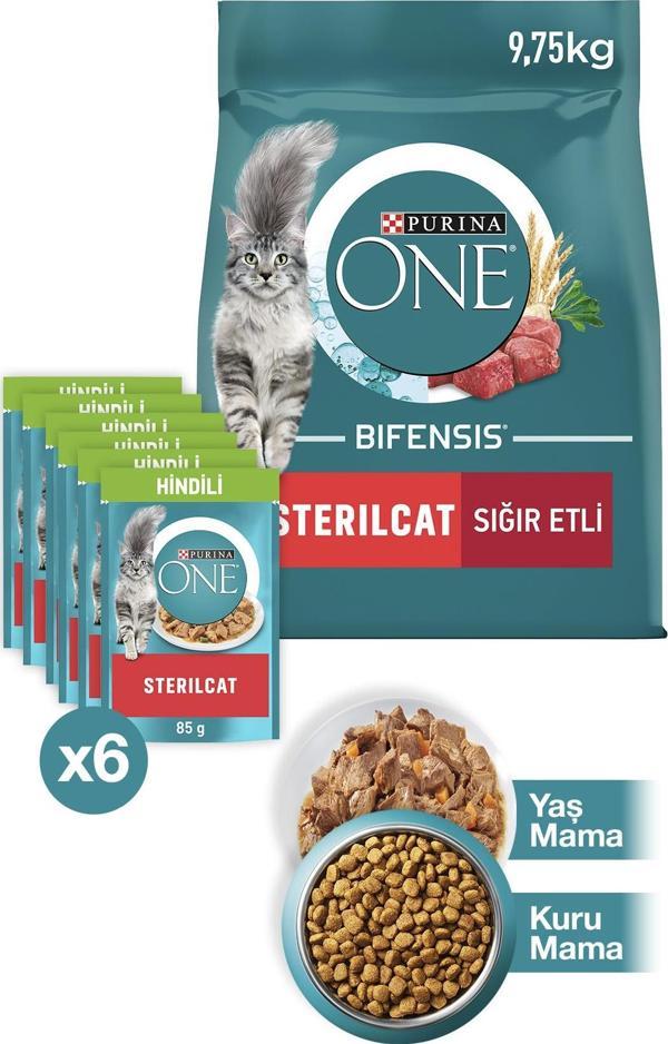 PURINA ONE Sterilcat Sığır Eti Buğday Kısır Kedi Maması 9.75kg + Hindili Yaş Kısır Kedi Maması 6x85g - Image 1