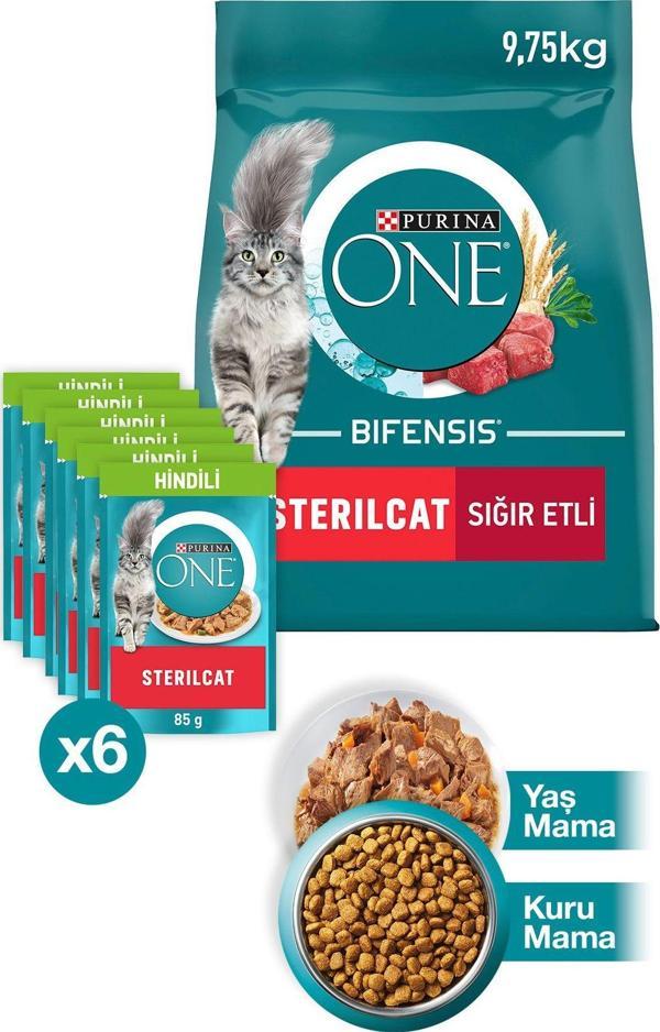 PURINA ONE Sterilcat Sığır Eti Buğday Kısır Kedi Maması 9.75kg + Hindili Yaş Kısır Kedi Maması 6x85g - Image 1