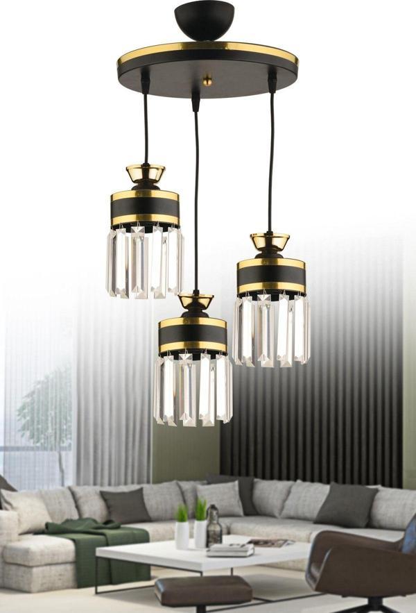 Kuzey Eylül 3Lü Sarkıt Kristal Taşlı Tepsi Siyah Sarı Yaldızlı Modern Lüks Salon Avizesi - Image 1