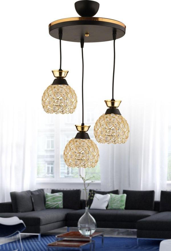Kuzey Yağmur 3 Lü Sarkıt Kristal Top Siyaha Gold Tepsi Modern Lüks Avize - Image 1
