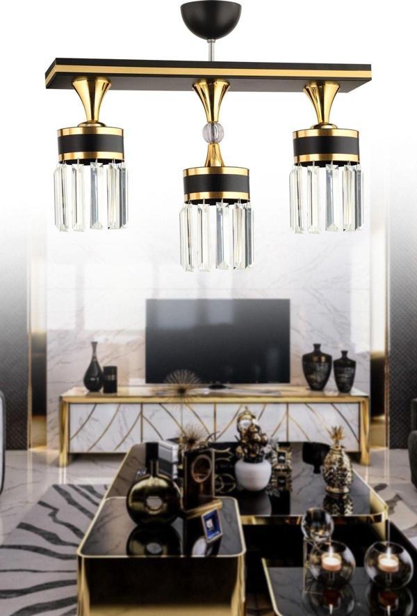 Kuzey Derin 3 Lü Caka Kristal Taş Siyaha Gold Modern Avize - Image 1