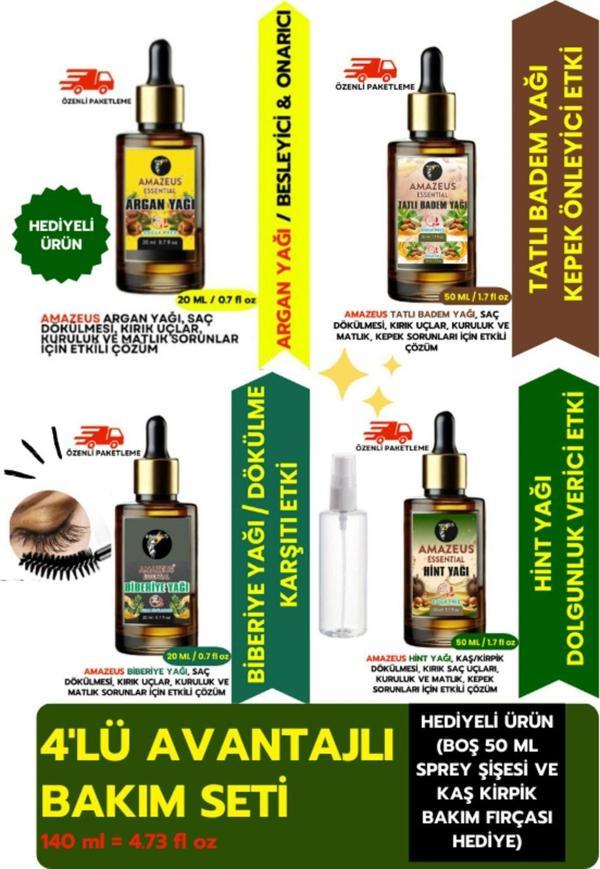 Amazeus 4'Lü Bakım Seti ''Saç, Cilt Ve Kaş/Kirpik Genel Bakım'' %100 Saf (Argan,Tatlı Badem,Biberiye,Hint) - Image 1