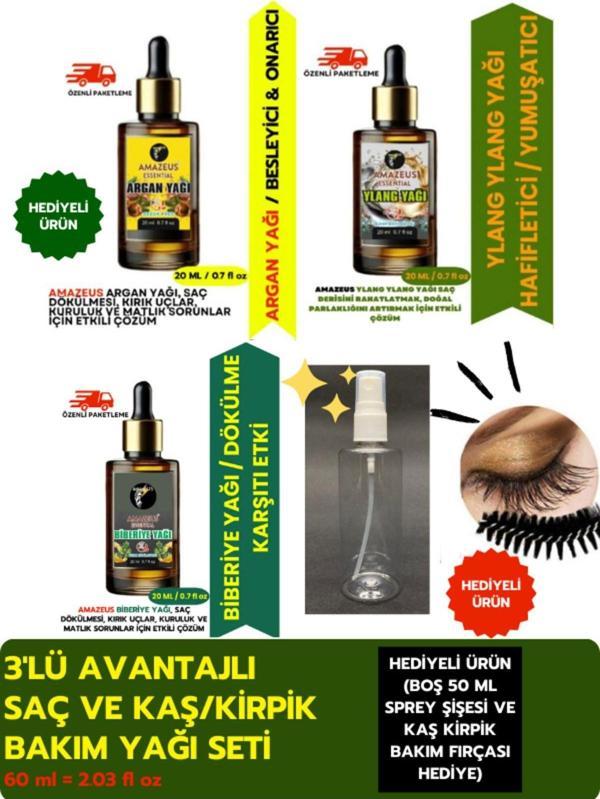 Amazeus Argan 20 Ml, Ylang 20 Ml, Biberiye 20 Ml (3'Lü Bitkisel Yağ Seti) %100 Saf Ve Doğal (Hediyeli Ürün) - Image 1