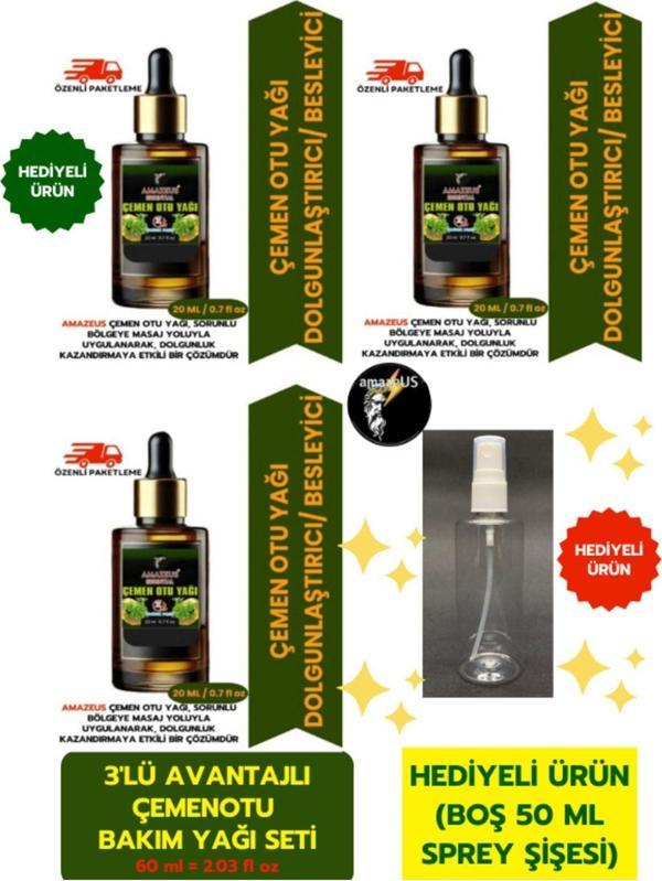 Amazeus Çemen Otu Yağı 3'Lü (%100 Saf Ve Doğal) Dolgunlaştırıcı Etki (3X20 Ml / 2.03 Fl Oz) ** - Image 1