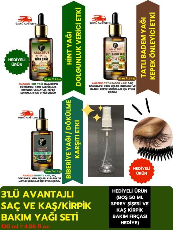 Amazeus Hint 50 Ml, Tatlı Badem 50 Ml, Biberiye 20 Ml Bitkisel Yağ Seti %100 Saf (Hediyeli Ürün) - Image 1