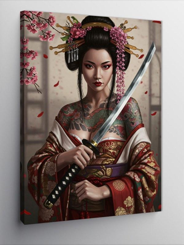 Kanvas Tablo Samuray Kadın ve Çiçekler - Image 1